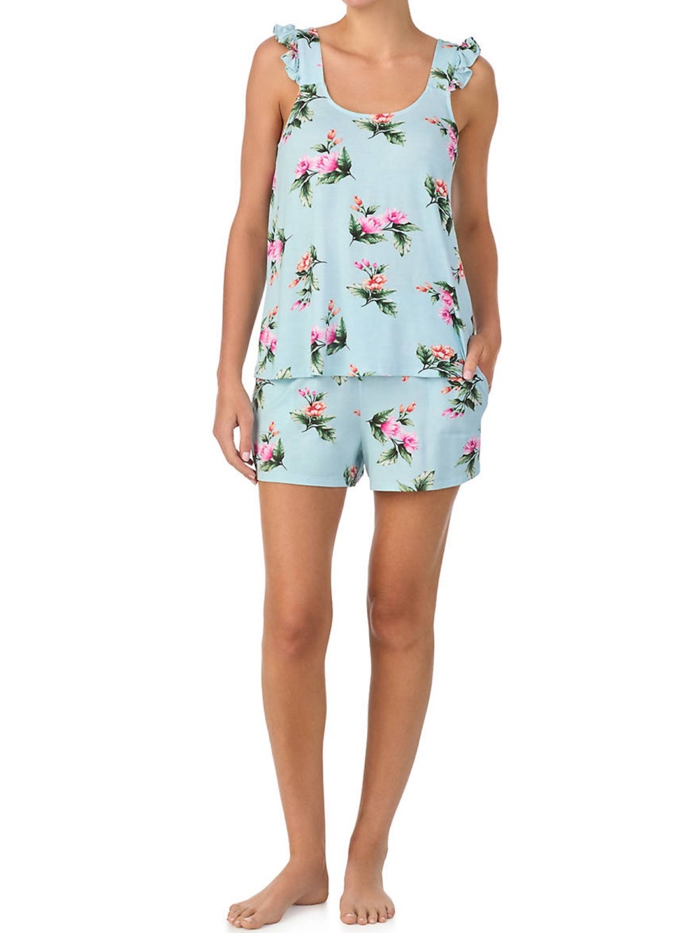 EUC Tommy Bahama Floral Ruffle Strap Sleep Set - Light Blue